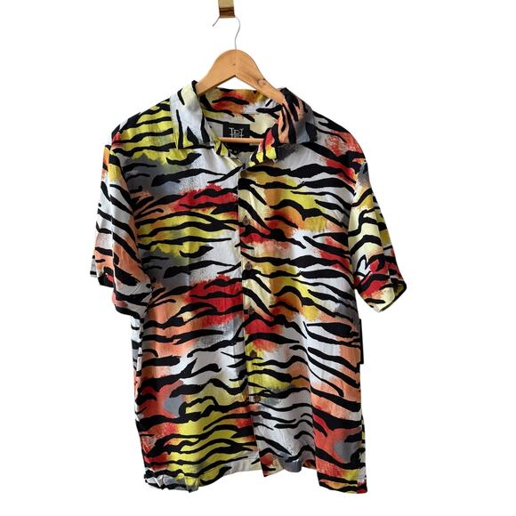 Don Ed Hardy Colorful Tiger Stripe Rayon Button Front Short Sleeve Shirt M - Picture 1 of 5